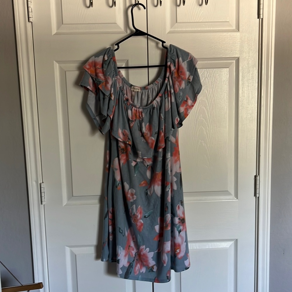 blue and pink floral dress